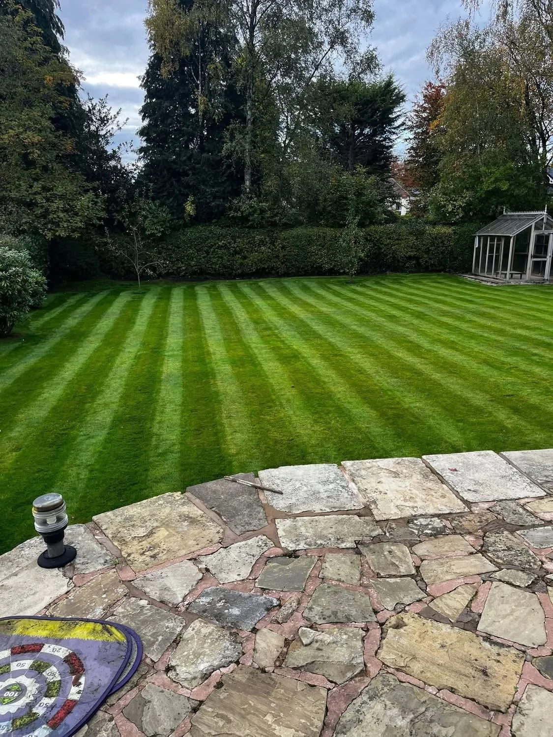 Long, precise lawn stripes in a mature garden with a greenhouse